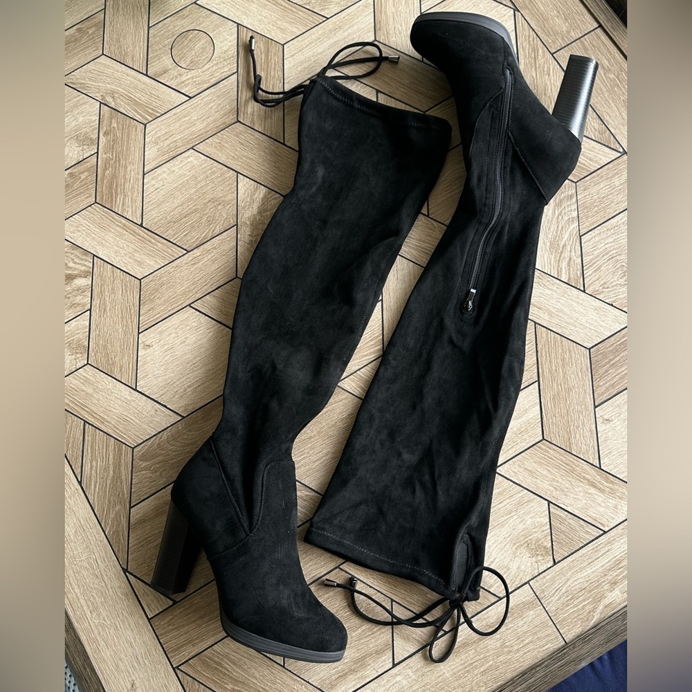 Vepose Black Suede Over-the-Knee Chunky Heels Women's Boots - Picture 13 of 13